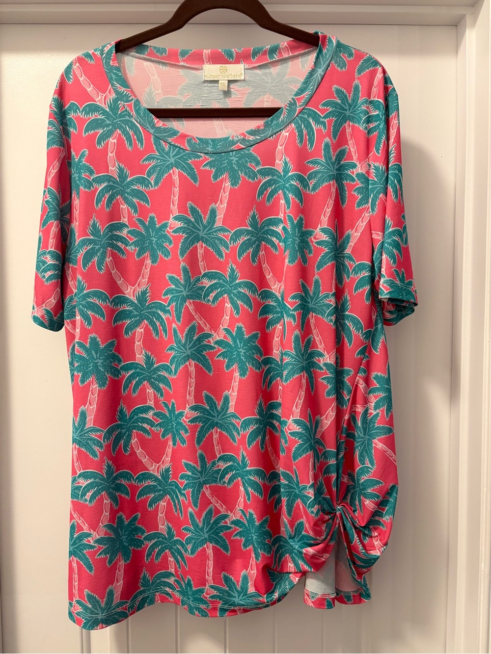 Simply Southern Pink Short Sleeve Top with Teal Palm Print Size XXL Side Knot